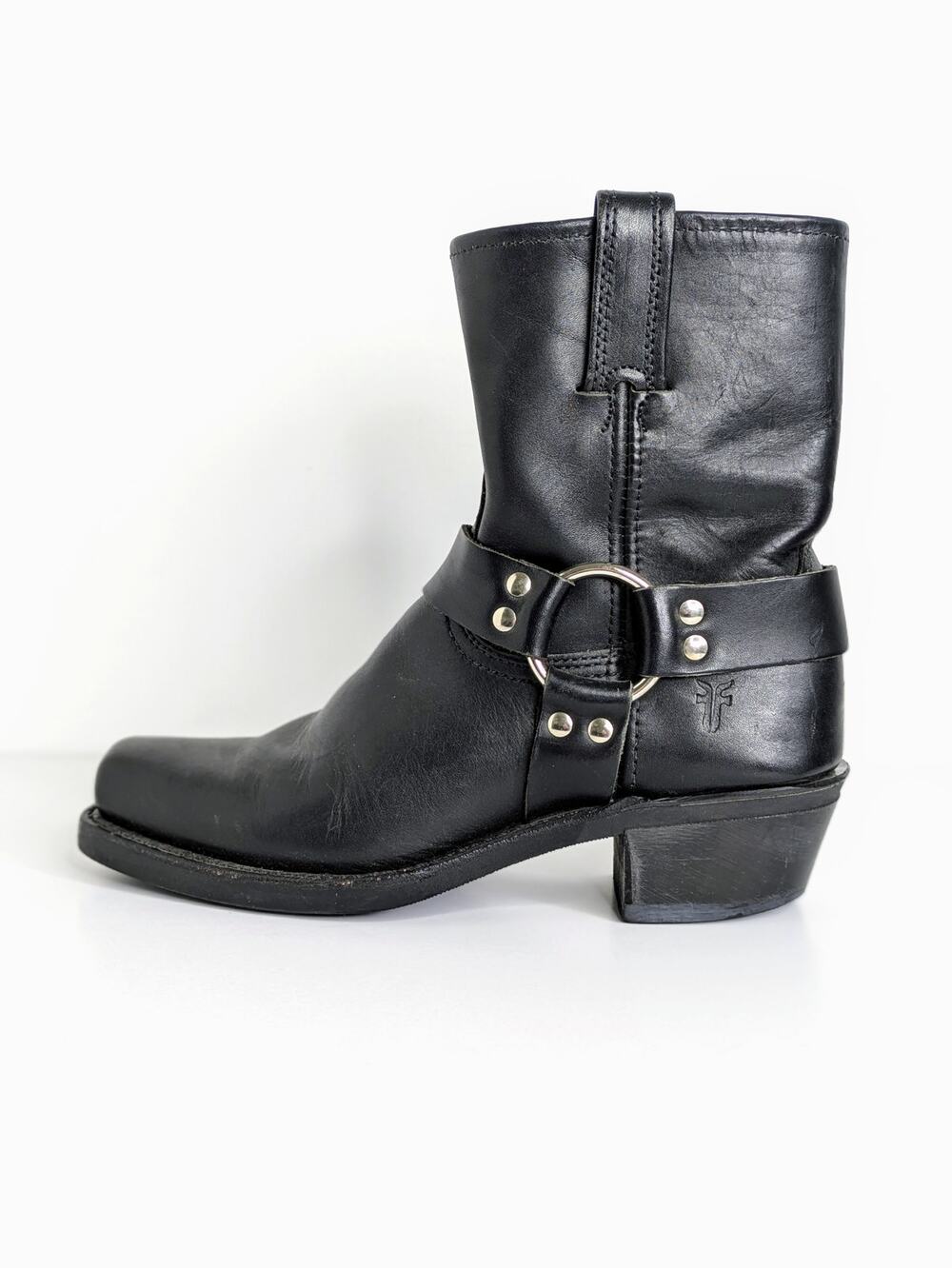 Frye Harness 8R Boots 8 Black Leather Square Toe Moto Western Silver Hardware